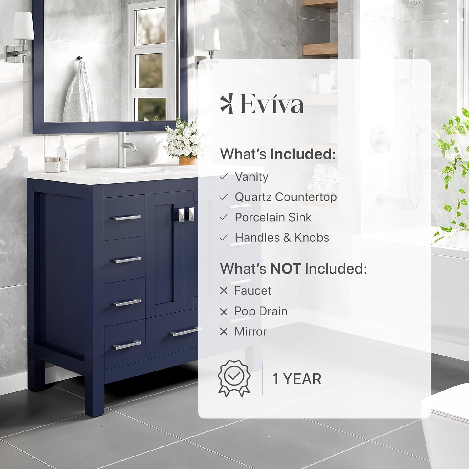 Eviva Hampton 36 in. Blue Single Sink Bath Vanity with Carrara Quartz Top and Undermount Porcelain Sink