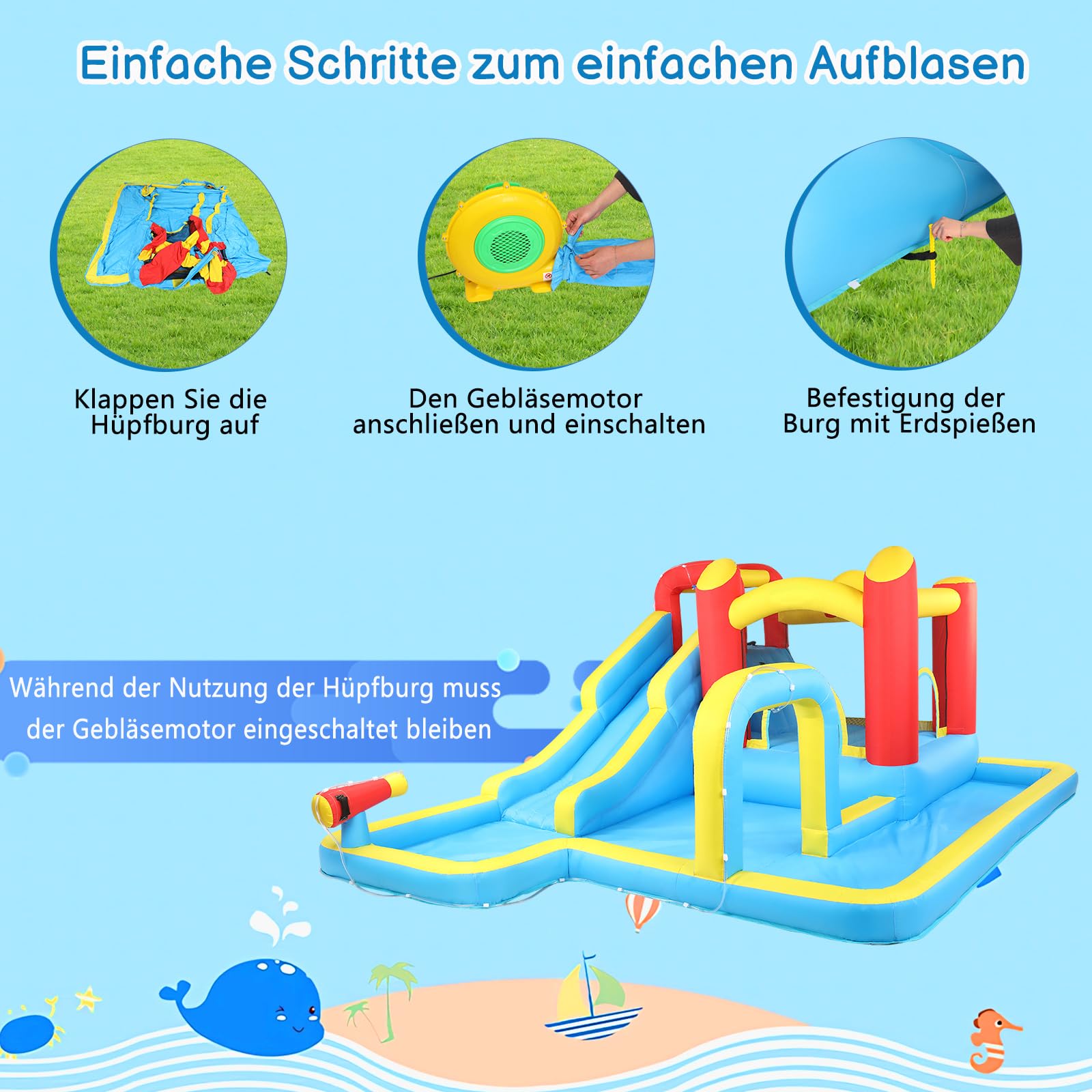 LEADZM Hüpfburg mit Gebläse, Großer Hüpfburg Kinder mit Trocken oder Wasserrutsche, Kletterwand, Schwimmbad, Geeignet für 3 Kinder von 3–10 Jahren, 465 x 365 x 195 cm