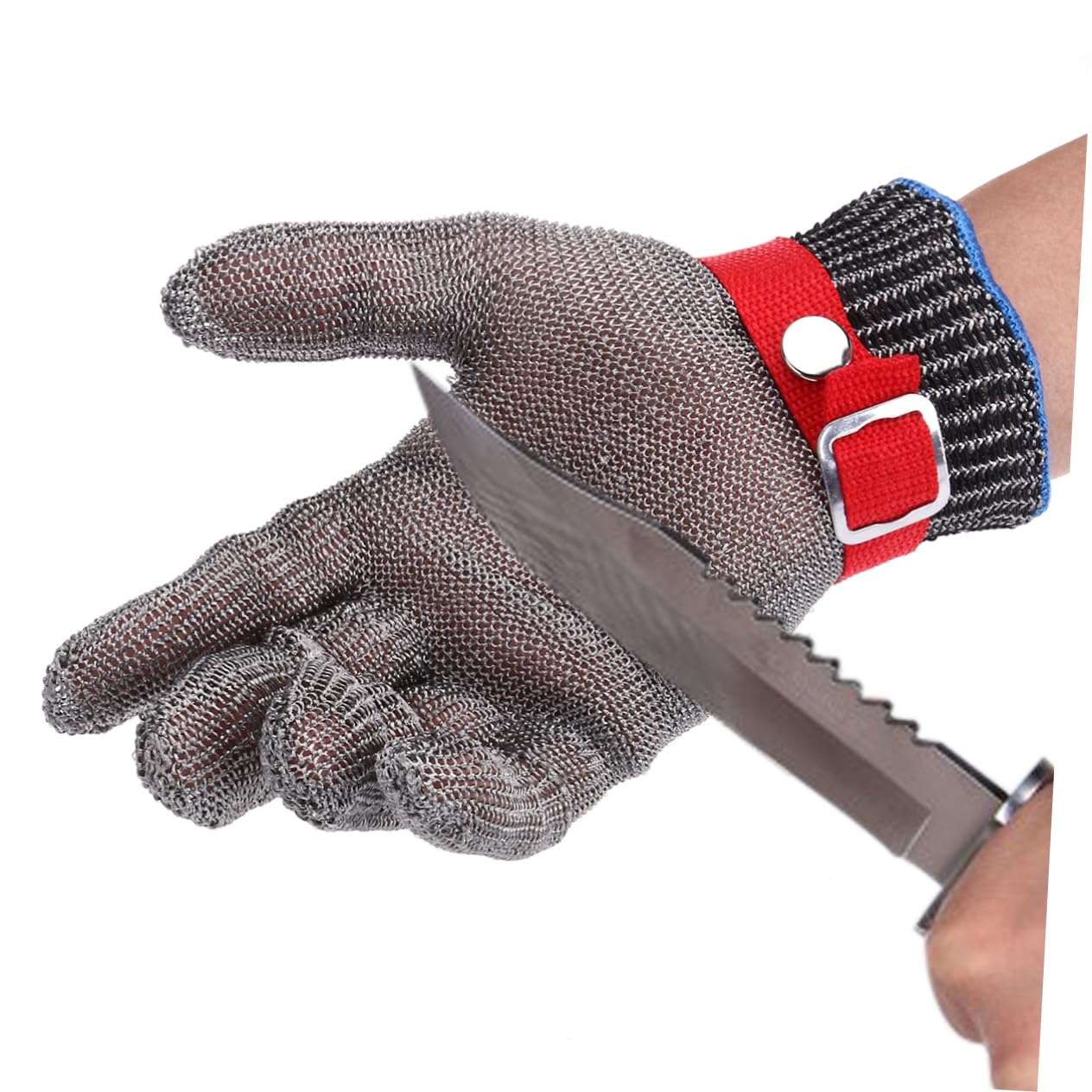 OSALADI Moufles de Travail en Fil D'acier Inoxydable Anti-coupure avec Bouton Métallique Maille Métallique de Sécurité Niveau 5 pour Boucherie et Manutention Alimentaire