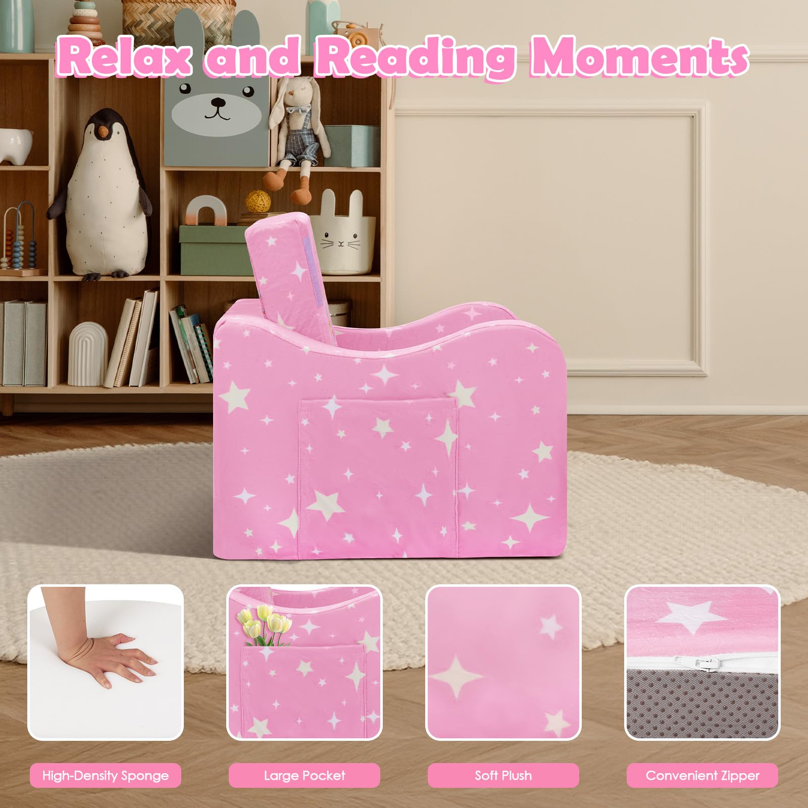 Kindersofa Ausklappbar 2-in-1, Standfester Schlafsofa für Jugend und Mädchen,Weiche Kindercouch für Kuschelecke Leseecke, Rosa Prinzessin