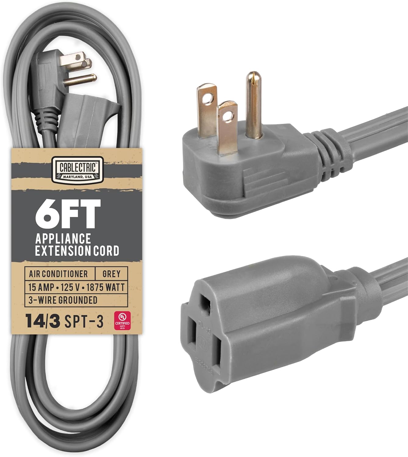 6 Foot Appliance Extension Cord, Gray – 14 Gauge 3 Prong SPT-3 Heavy Duty Cable for Major Appliances