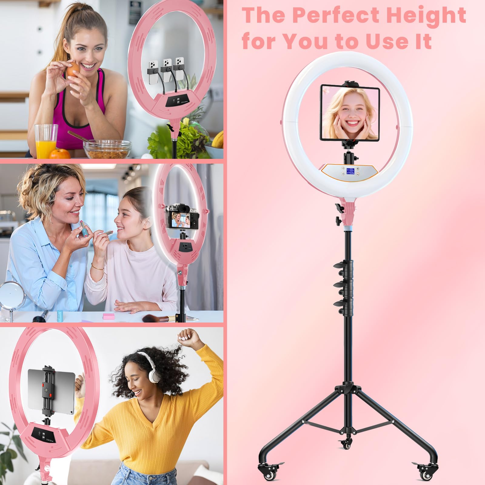 Kit de luz de anillo de 22 pulgadas: LED profesional de 6500 K con soporte (rosa)
