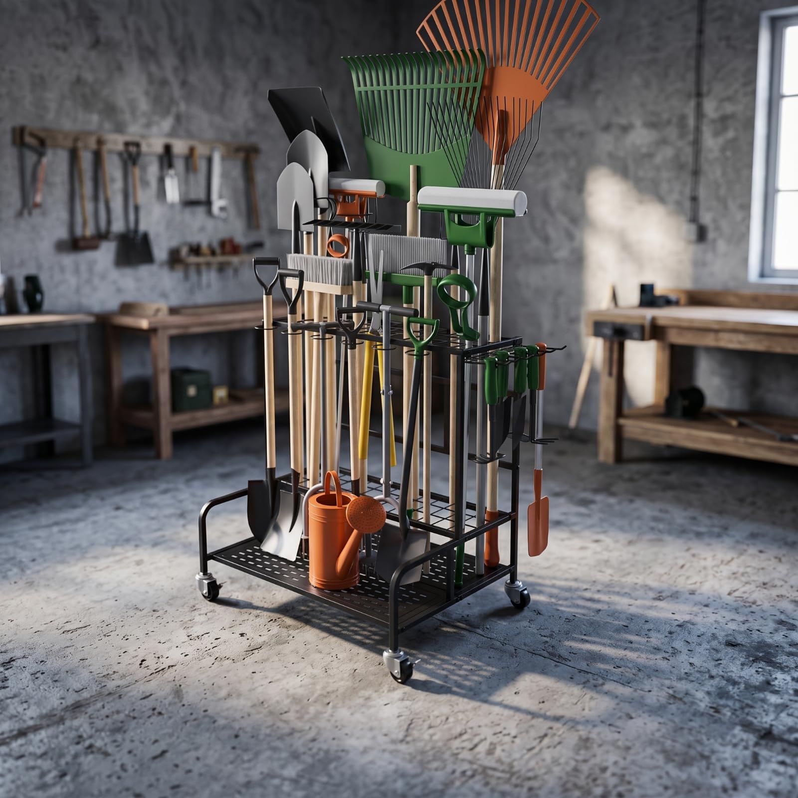 Organizador Herramientas Jardín con Ruedas Móvil Organizador Herramientas Jardín Estable Estantería para Aficionados Al Bricolaje, Garaje