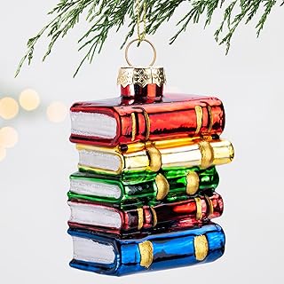 Stack of Books Glass Christmas Ornament, 3.1'' Holiday Hand-Painted Decoration for Teachers, Students, Book Lovers, Library, Classroom Xmas Tree Decor