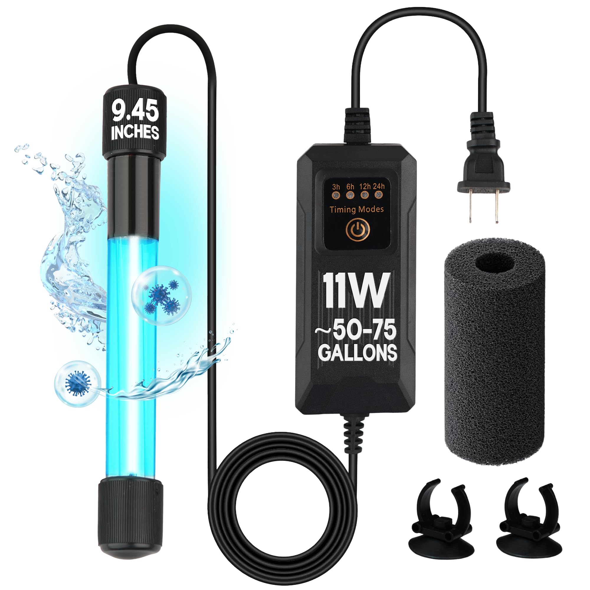 11W UV Light for Aquariums with 4 Timer Modes | UV-C Light for Sump Filters, Top &amp; Bottom Filter Boxes, External Filter Chambers, Hang-On-Back Filters &amp; Small Ponds – Keeps Fish Tanks Clear &amp; Healthy