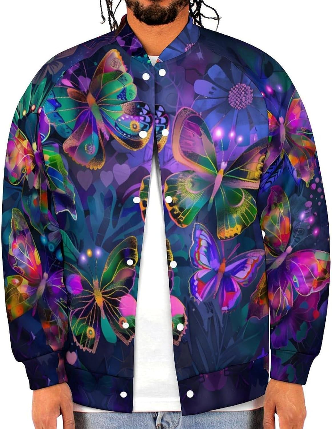Colorful Butterflies Flowers Novelty Men's Baseball Jackets Causal Sweatshirt Button Top Long Sleeve Coat