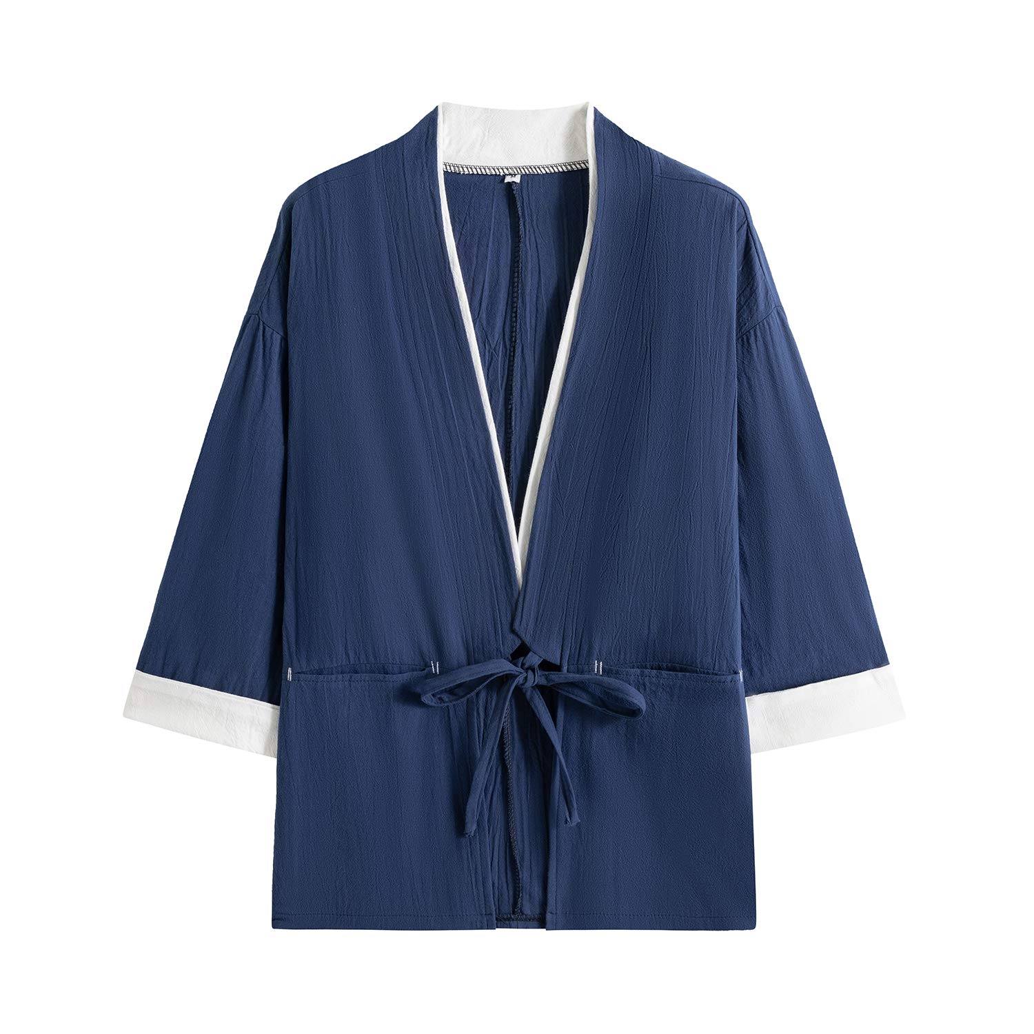 Mens Japanese Kimono Cardigan Cotton Linen Haori Fashion 3/4 Sleeve Yukata