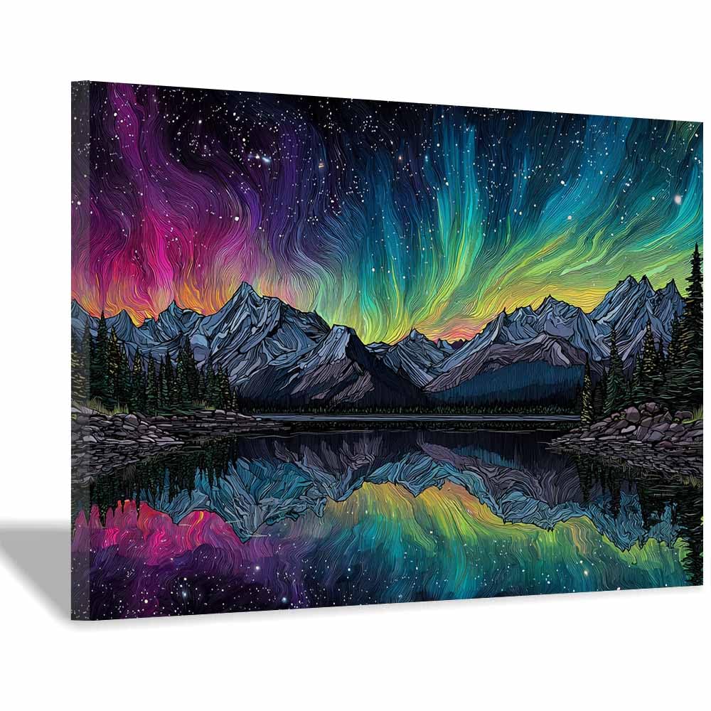 HUYEEI Canvas Print Wall Art Aurora Lake Modern Nature Landscape Poster, for living room, bedroom,Corridor Office Room Decoretc.(multicolored)-70x100cm Framed