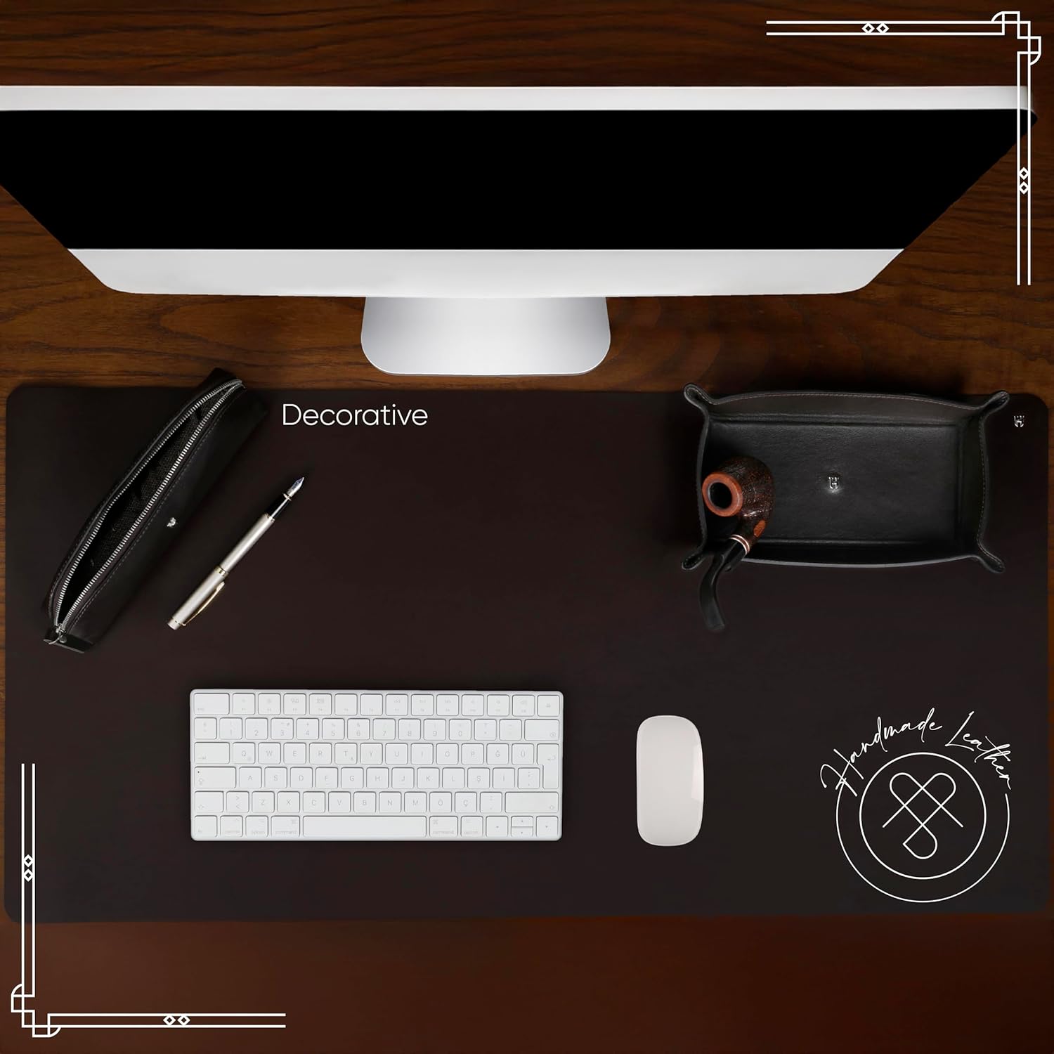 3-Pc Premium Full-Grain Leather Desk Organizer Set | Mat, Pencil Case & Tray | Chic Decor Accessories | Gift for Christmas, Birthday & Anniversary, Brown