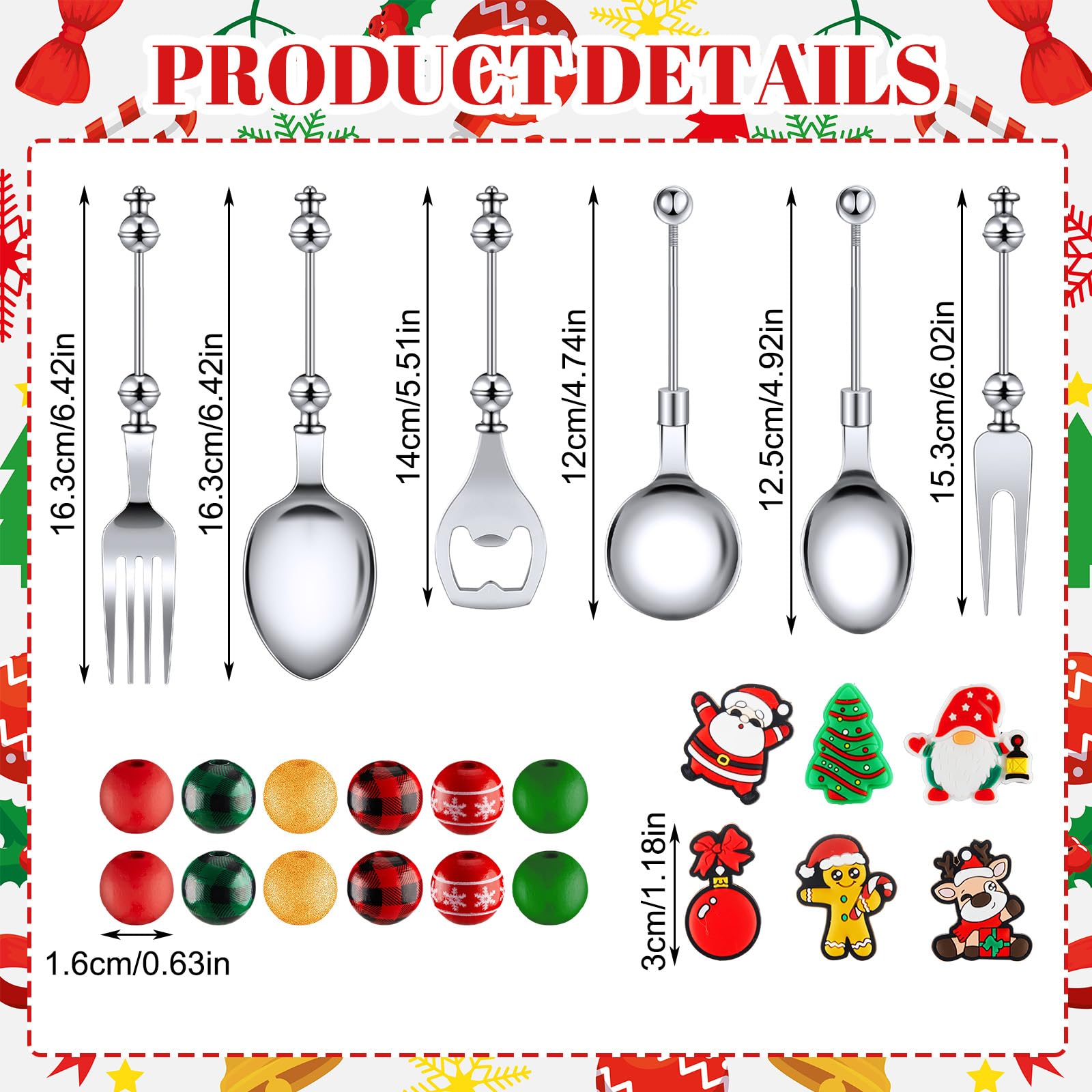 Gisafai 12 Sets Christmas Beadable Spoon Fork Set Beadable Items Christmas Kitchen Utensils Xmas Cutlery Bead Dessert Spoon for Xmas Party Favor Supplies