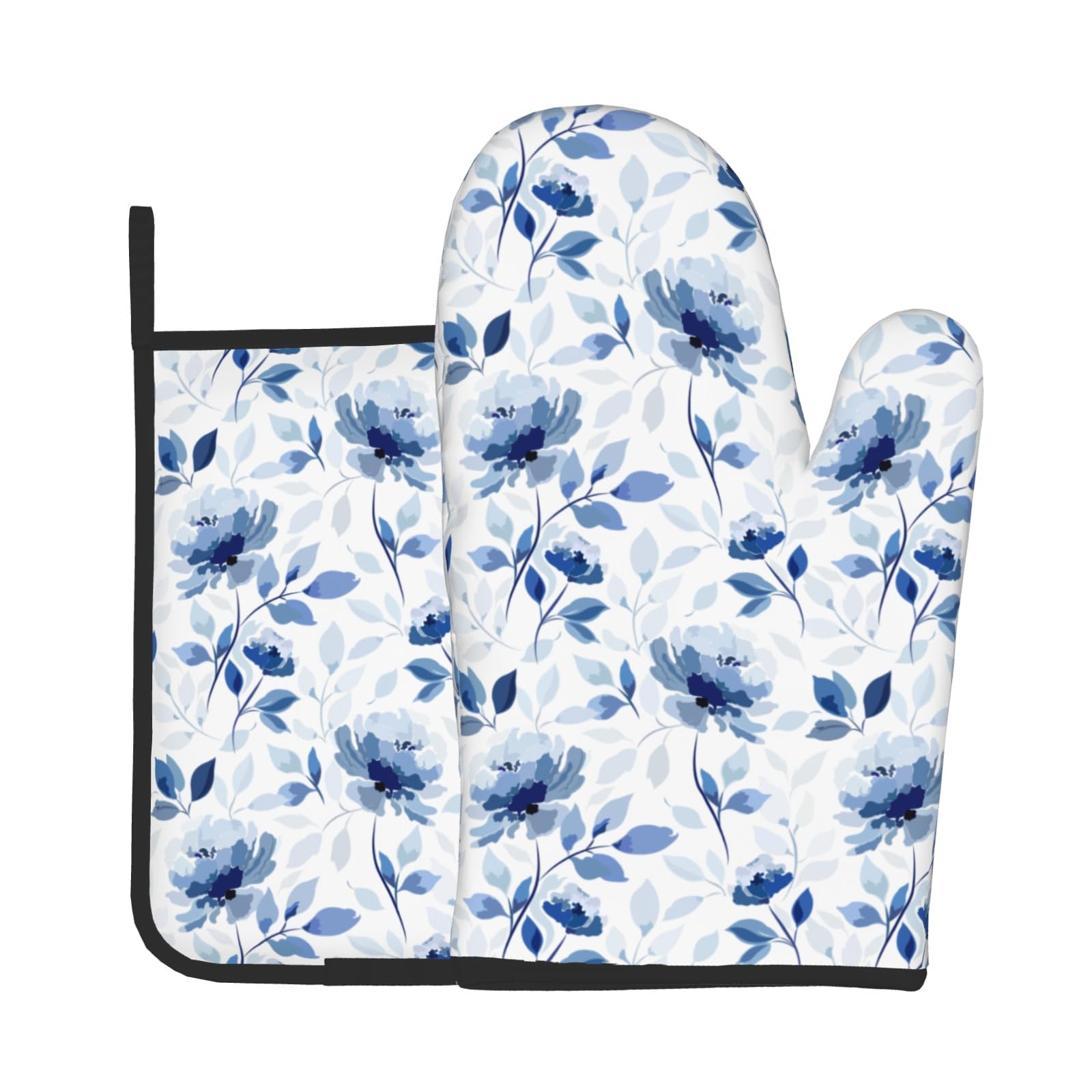 Blue Floral Oven Mitts Pot Holders Set of 2 Watercolor Leaves Heat Resistant Kitchen Mittens Potholders for Chef Baking Cooking Grilling