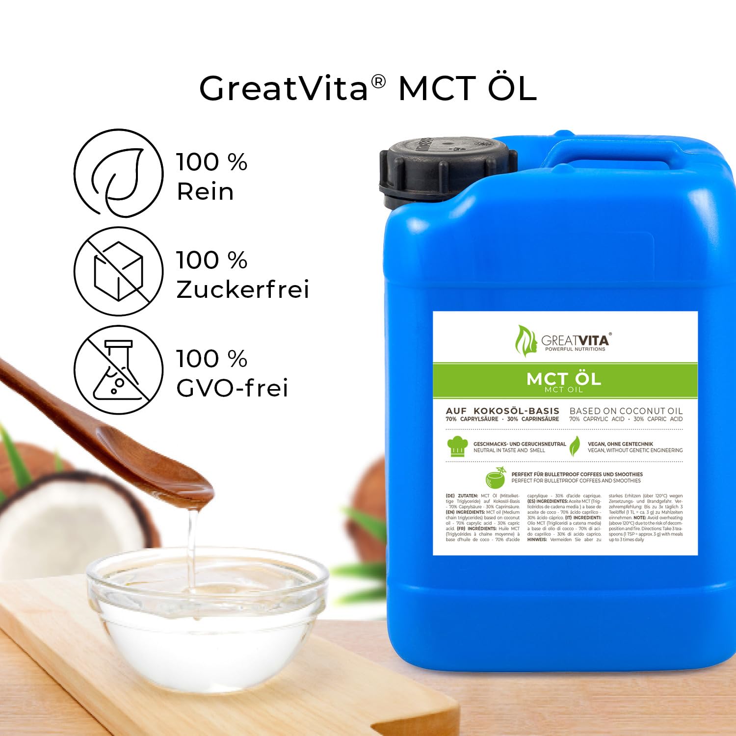 GreatVita MCT Öl auf Kokosölbasis 5000 ml Kanister | 70% Caprylsäure (C8) & 30% Caprinsäure (C10) Fettsäuren | 100% reines MCT Oil geschmacksneutral, zuckerfrei, GVO-frei