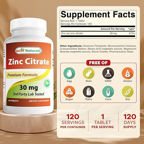 Miniatura 2 de Best Naturals Suplementos de zinc de 30 mg (como citrato de zinc), vitaminas de zinc para adultos, apoyo inmunológico, 120 tabletas (120 unidades