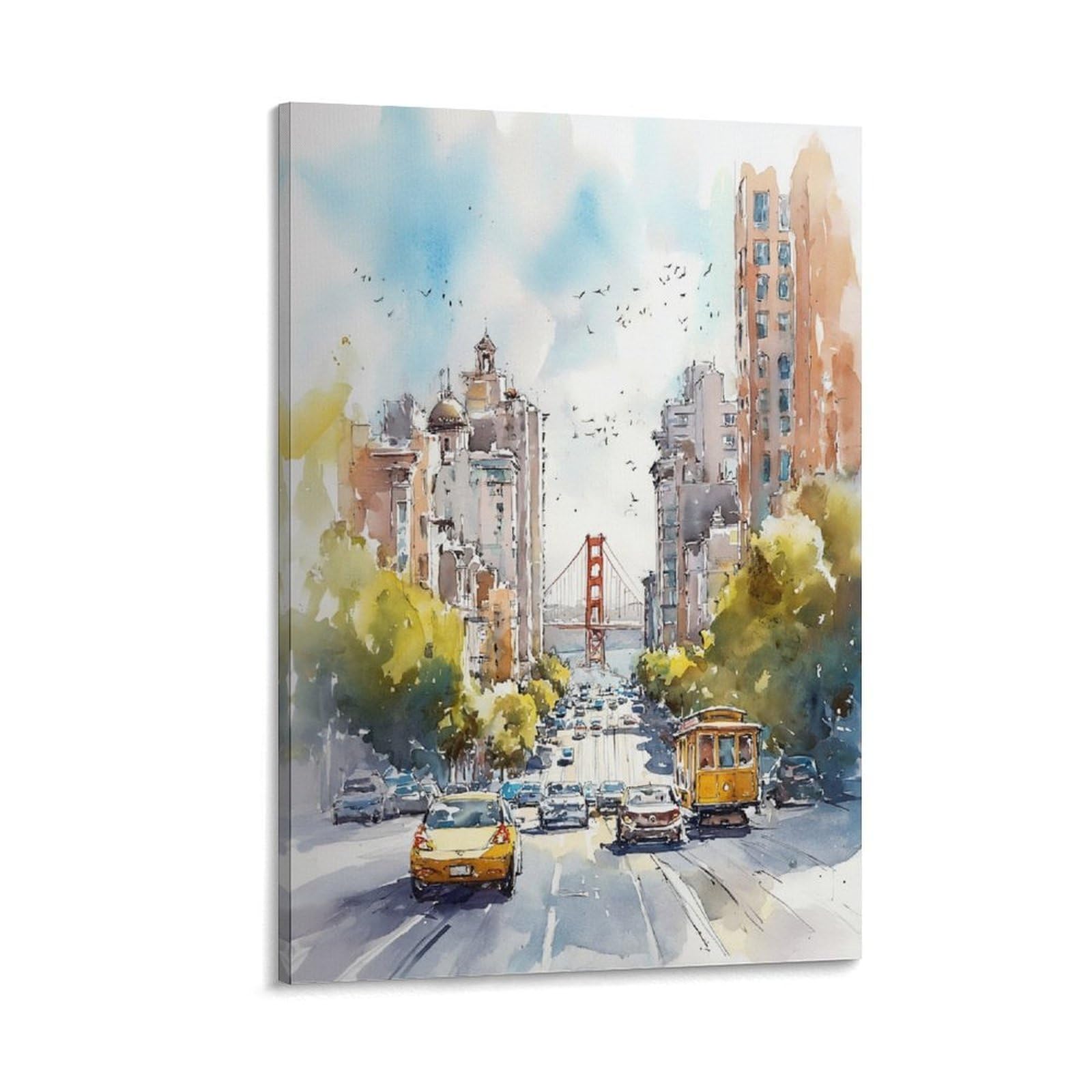 LCYNNH San Francisco Retro Modern 20x30inch(50x75cm) Vintage Travel Poster Watercolor Canvas Art