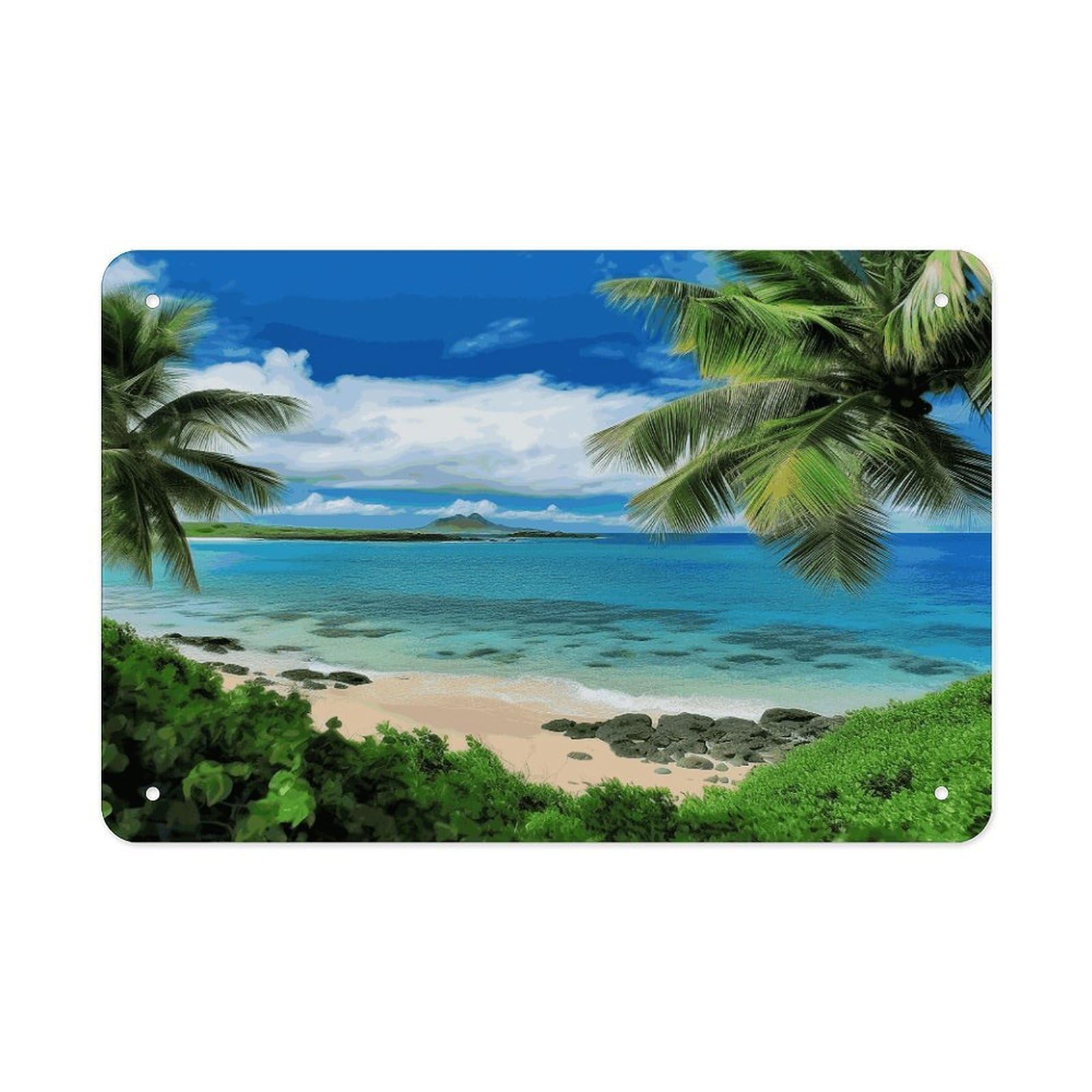 LDGSUPH Tropical Palm Tree Hawaii Beach Metal Tin Sign Wall Art Prints Folded Edge Iron Sheet Painting with Holes for Wall Prints Decorative Picture Metal Signboard Decor Painting Wall Decor