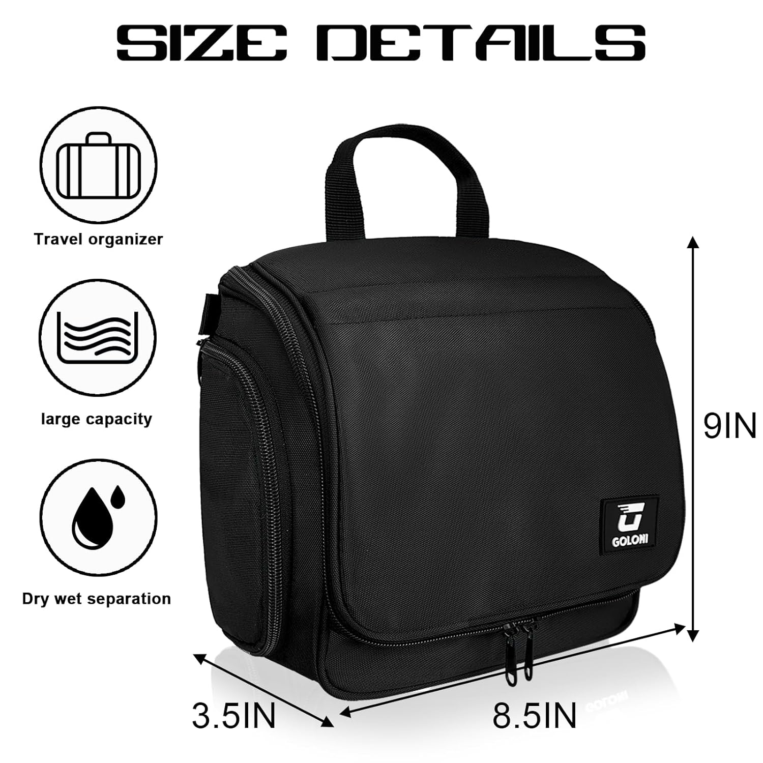 Goloni Hanging Toiletry Bag with Hook, Large Makeup Bag Travel Organizer, Water-Resistant Hanging Cosmetic Bag with 10 Compartments for Women & Men,Black - Image 2