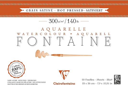 Clairefontaine - Ref 96343C - Fontaine Hot Pressed Watercolour Glued Pad 20 Sheets - 18 x 26cm Size, 300gsm Paper - Suitable for Watercolour Artwork