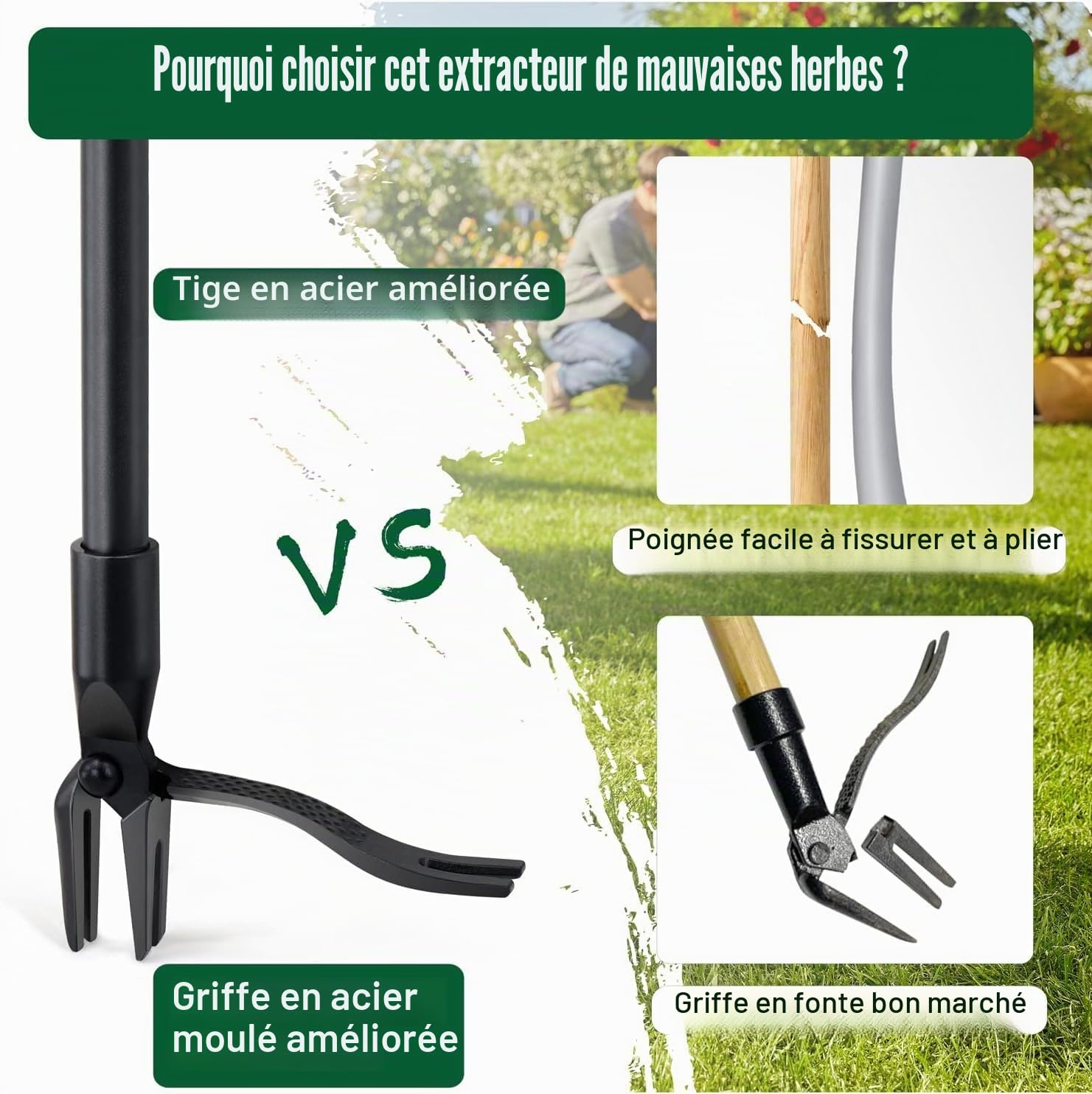 Jardineer Extracteur de mauvaises herbes, outil de désherbage debout de 114,3 cm, outil de désherbage à long manche avec tête en acier à 4 griffes, désherbeur manuel robuste pour jardin, pelouse, cour