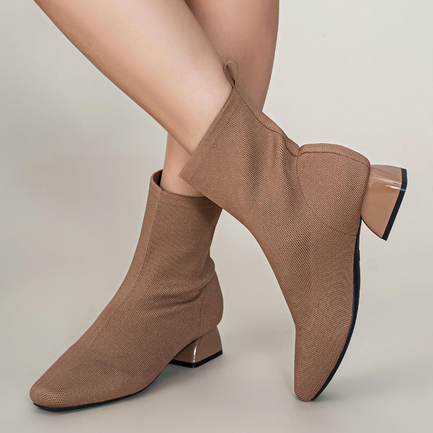 Buyrew Ankle Boots for Women Low Heel Booties Square Toe Sock Knit Chunky Winter Slip On Shoes - Image 6