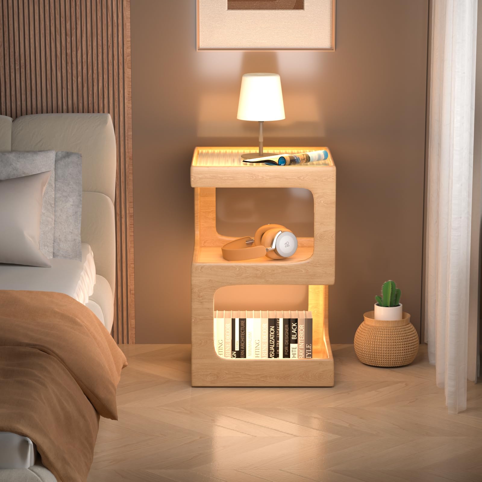 LaYaQbin Comodino moderno con luce a LED Tavolino da comodino piccolo con tavolino a 2 cassetti per camera da letto Dormitorio per ufficio Rustico