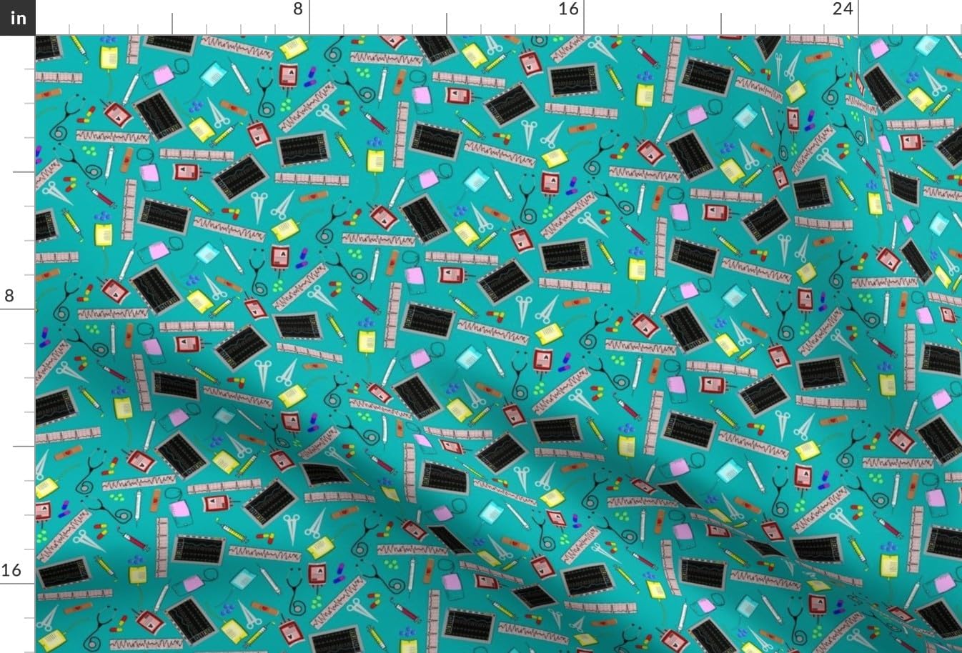 Spoonflower Fabric - Nurse Theme Cardiac Registered Tools Hospital Teal Aqua Medical Doctor Printed on Minky Fabric by The Yard - Sewing Baby Blankets Quilt Backing Plush