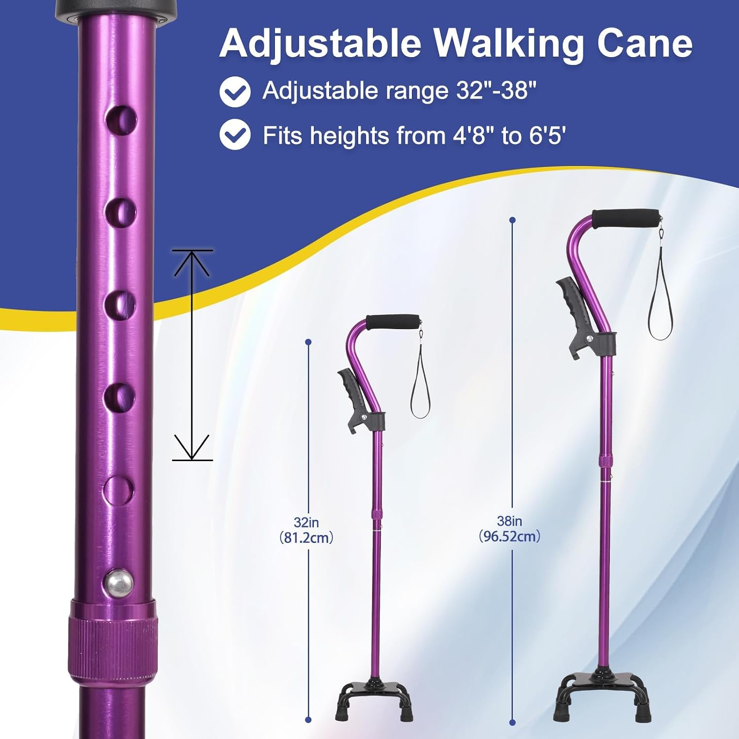 Quad Cane Stand Up Assist Aid for Elderly Women, Canes for Women for Stability, 4 Prong Adjustable Walking Stick for Seniors Balance, Non-Slip Wide Base, Aluminum Foldable Stand Cane