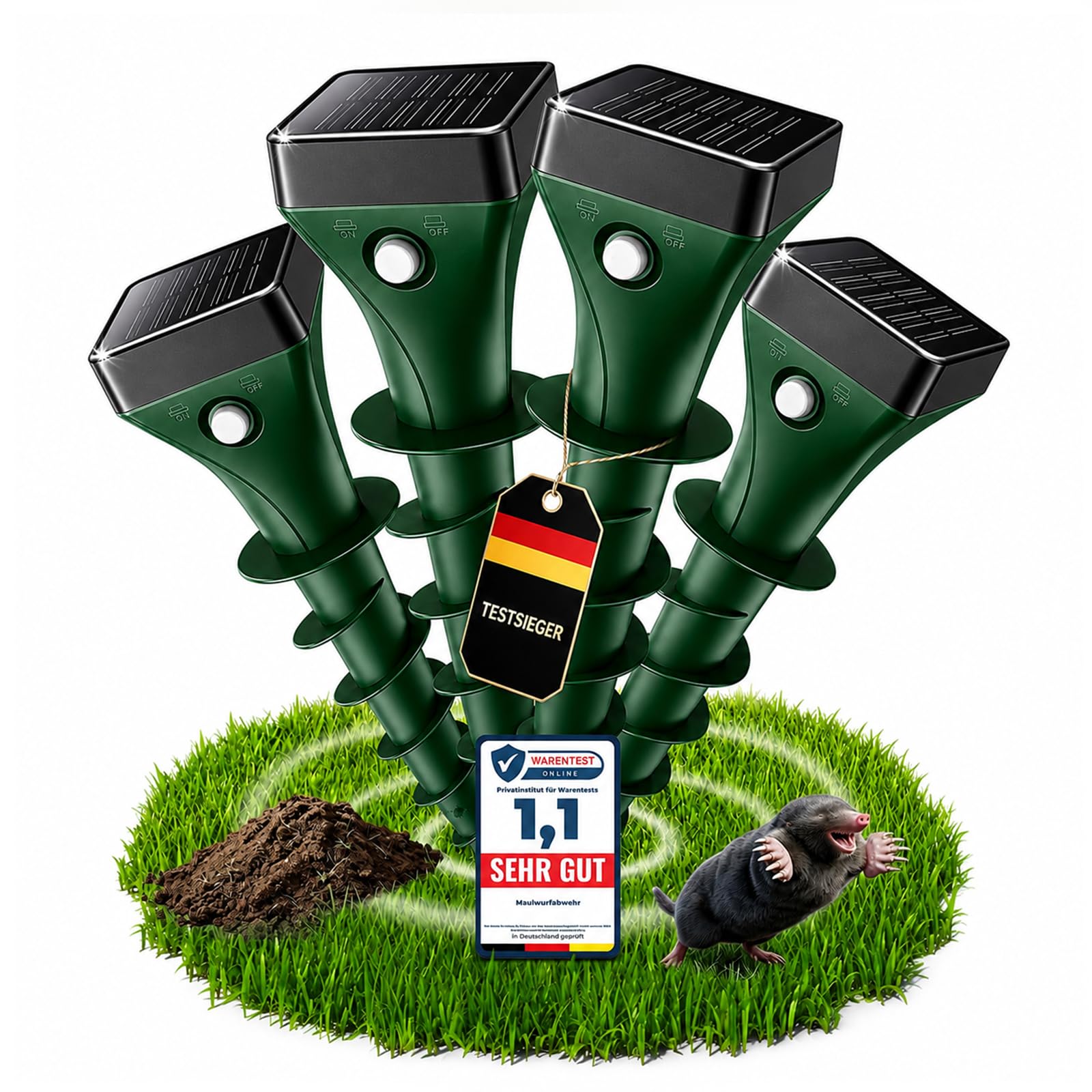 MEKEET Set di 4 repellenti a energia solare per talpe, a ultrasuoni e vibrazioni, per allontanare arvicole, per giardino, prato e aiuole, IP65