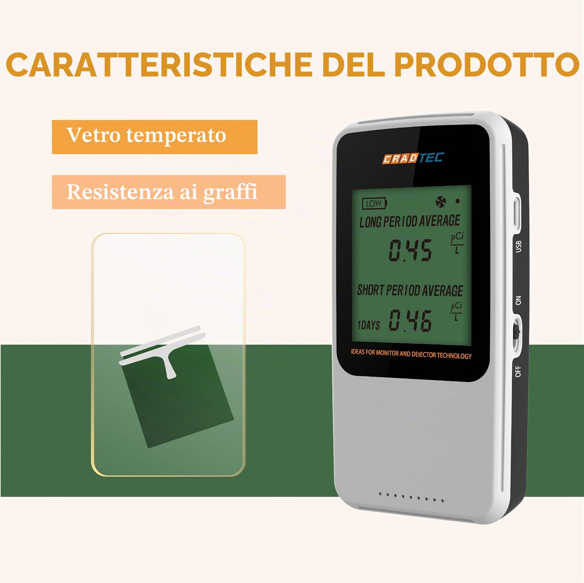Rivelatore Radon Digitale III, Bianco, Radon Monitor, Radon Meter, Vetro Temperato, Risultato a breve e lungo termine, Portatile, Facile da Usare, 3 Batterie AAA, Commutabile tra Bq/M3 e pCi/L