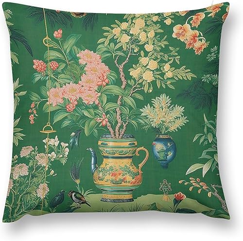 Funda de almohada tradicional de jarrón Ming verde chinoiserie, funda de cojín asiática de 18 x 18 pulgadas, funda de almohada decorativa de jarrón