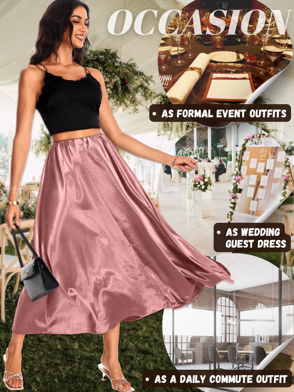 ChiaoLezhee Women's Heavy-Drape Satin Maxi Skirt, Elastic High Waisted A-Line Formal Skirts for Special Occasions