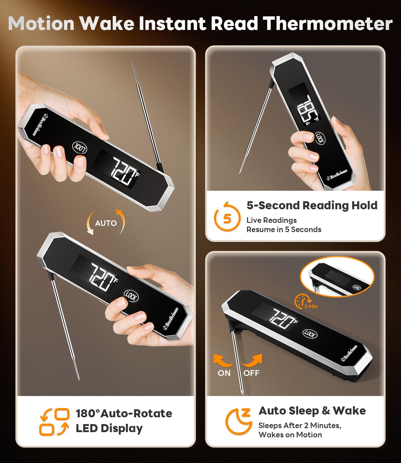 LockView FM151 Termometro per carne con blocco temperatura e ripresa automatica, sonda digitale a lettura istantanea da 0,5 secondi, impermeabile IP67, in acciaio inox 18/8, per cucinare, grigliare