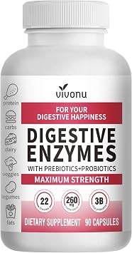 VivoNu Digestive Enzymes | 22 Enzymes with Organic Prebiotics & Probiotics | Supports Digestion* of Protein, Carbs, Fiber & Dairy | 90 Capsules