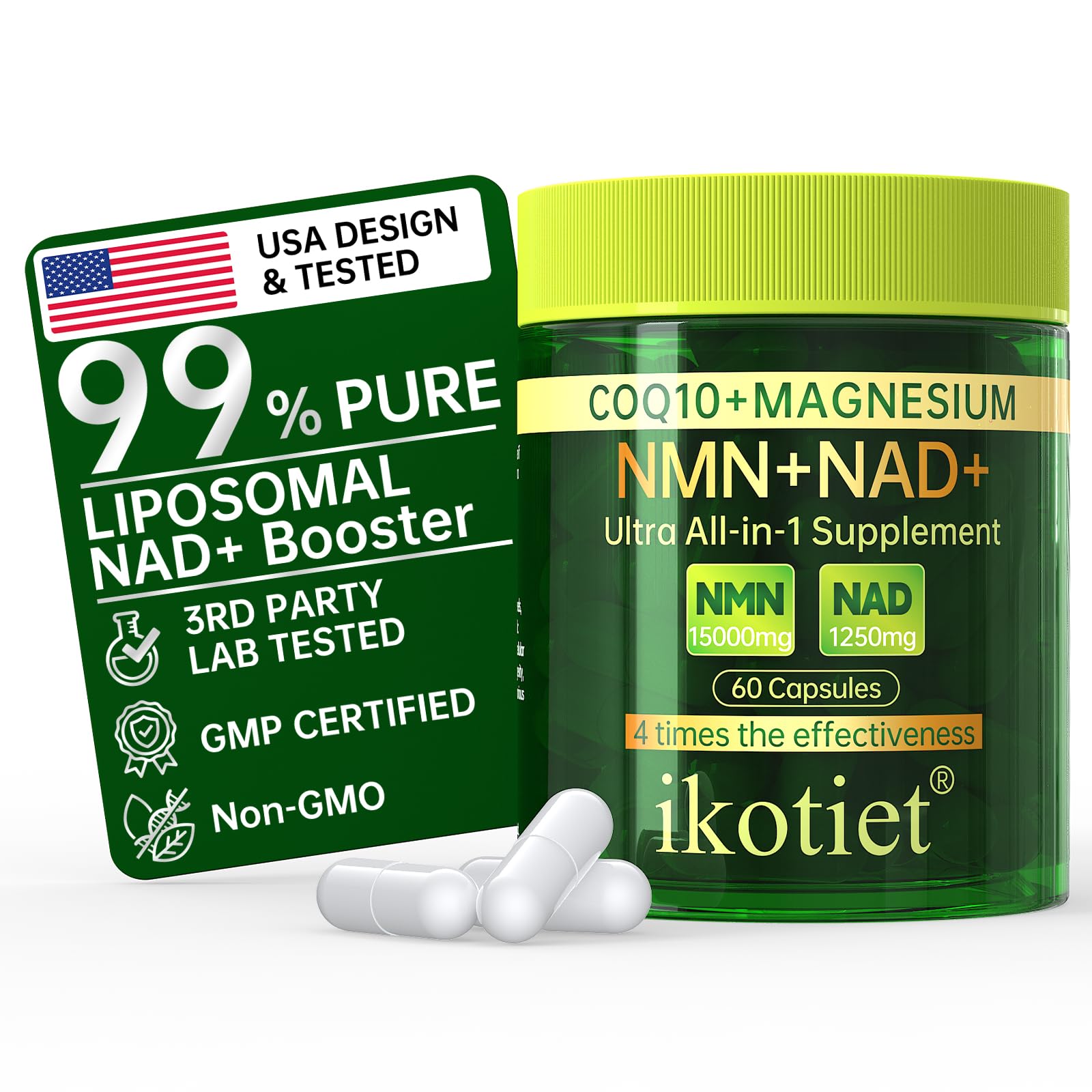 Liposomal NAD+ Supplement with CoQ10 and Magnesium - Dual Action NMN+NAD+ Formula - Supports Cellular Energy Anti-aging Brain Function - 30 Day Supply 60 Capsules - Third-Party Tested - 1 Pack 60 Count (Pack of 1)