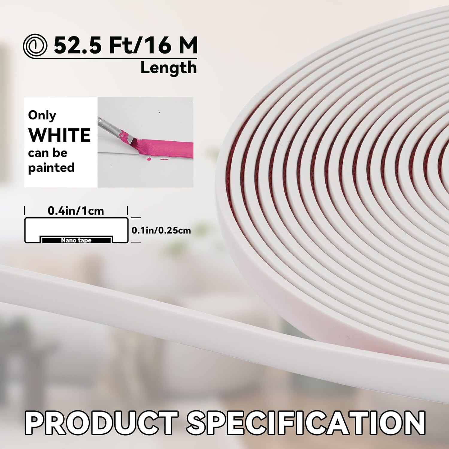 52.5 Ft Peel and Stick Wall Molding Trim, White(Paintable) Self Adhesive Flexible Trim for Wall, Edges, Borders, Window Frames, Backsplash Tiles, Baseboard & More (W:0.4", T:0.1")