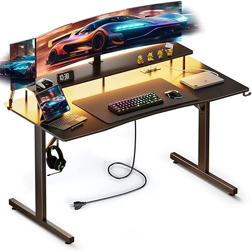 COMHOMA 55 Inch Gaming Desk with USB Charging Ports and LED Lights, Computer Desk with Monitor Stand for Home Office, Modern Gamer Desk Table with Mouse Pad & Side Hook, RGB