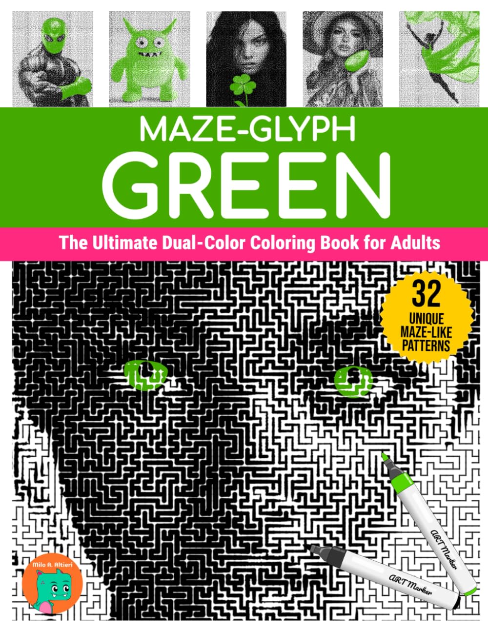 Maze-glyph Green: The Ultimate Dual-Color Coloring Book for Adults