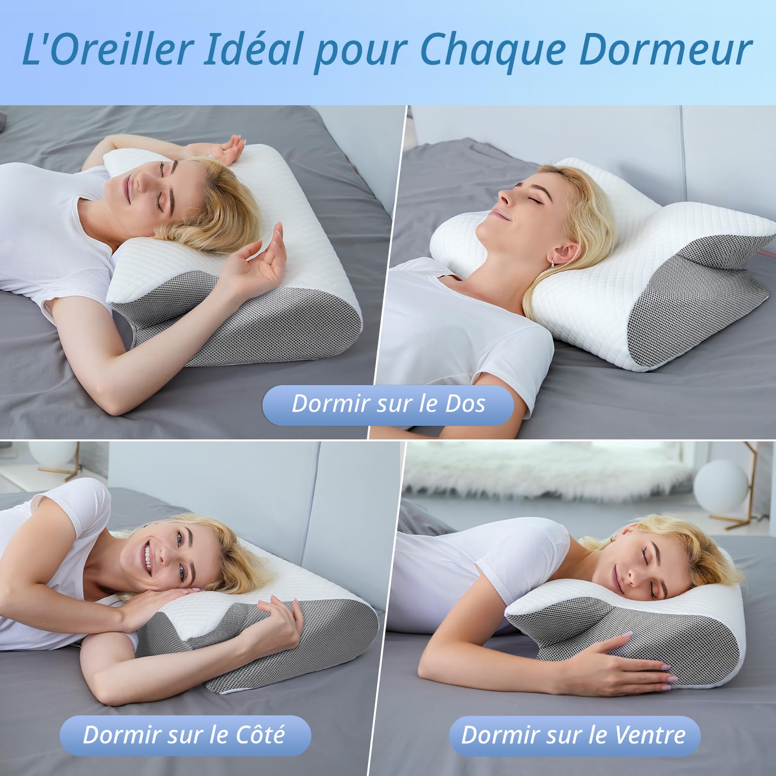 Oreiller Restiva pour apnée du sommeil, oreiller orthopédique de traction du cou pour les personnes dormant sur le côté, le dos, le ventre, protège le cou et les épaules (blanc, oreiller bas