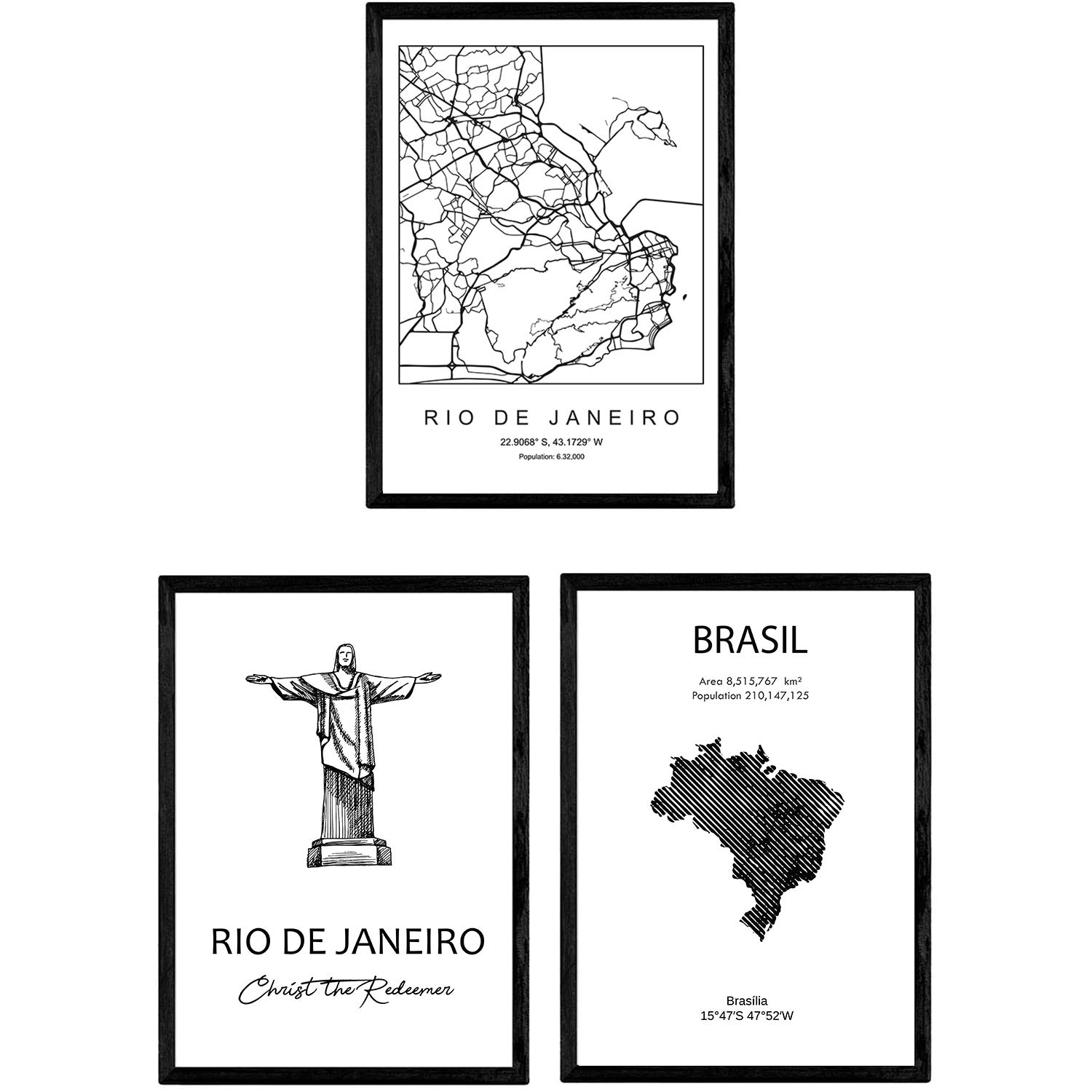 Nacnic Pack of posters of countries and monuments. Map City Rio de Janeiro, Monument Cristo Redeemer and Map Brasil. A3 size with frame — image 1
