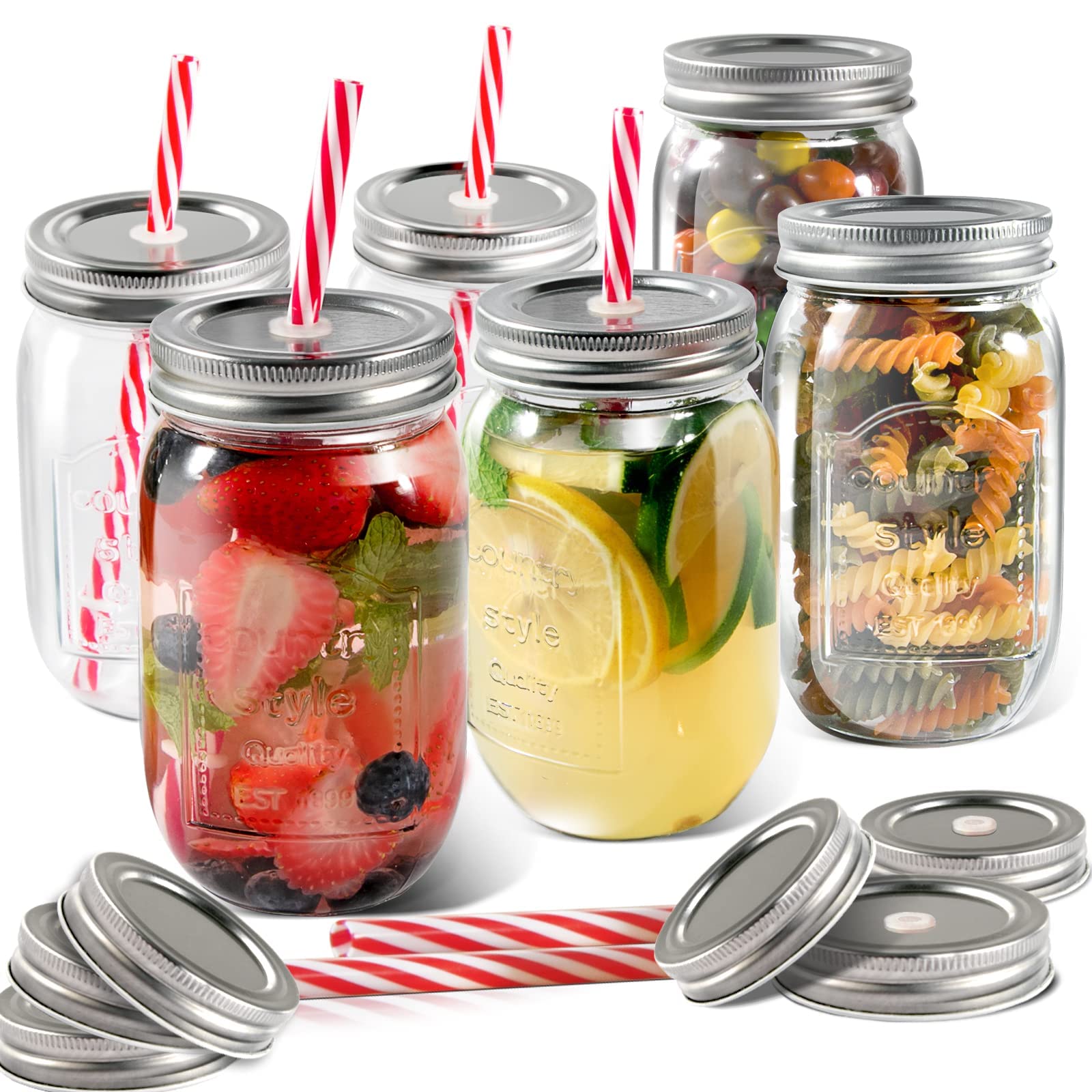Masthome Mason Jars 16 oz, Set of 6, Regular Mouth Glass Jars with Lids & Straws Send 6 Non-Pores Covers Kitchen Glass Jars Mugs Dishwasher Safe
