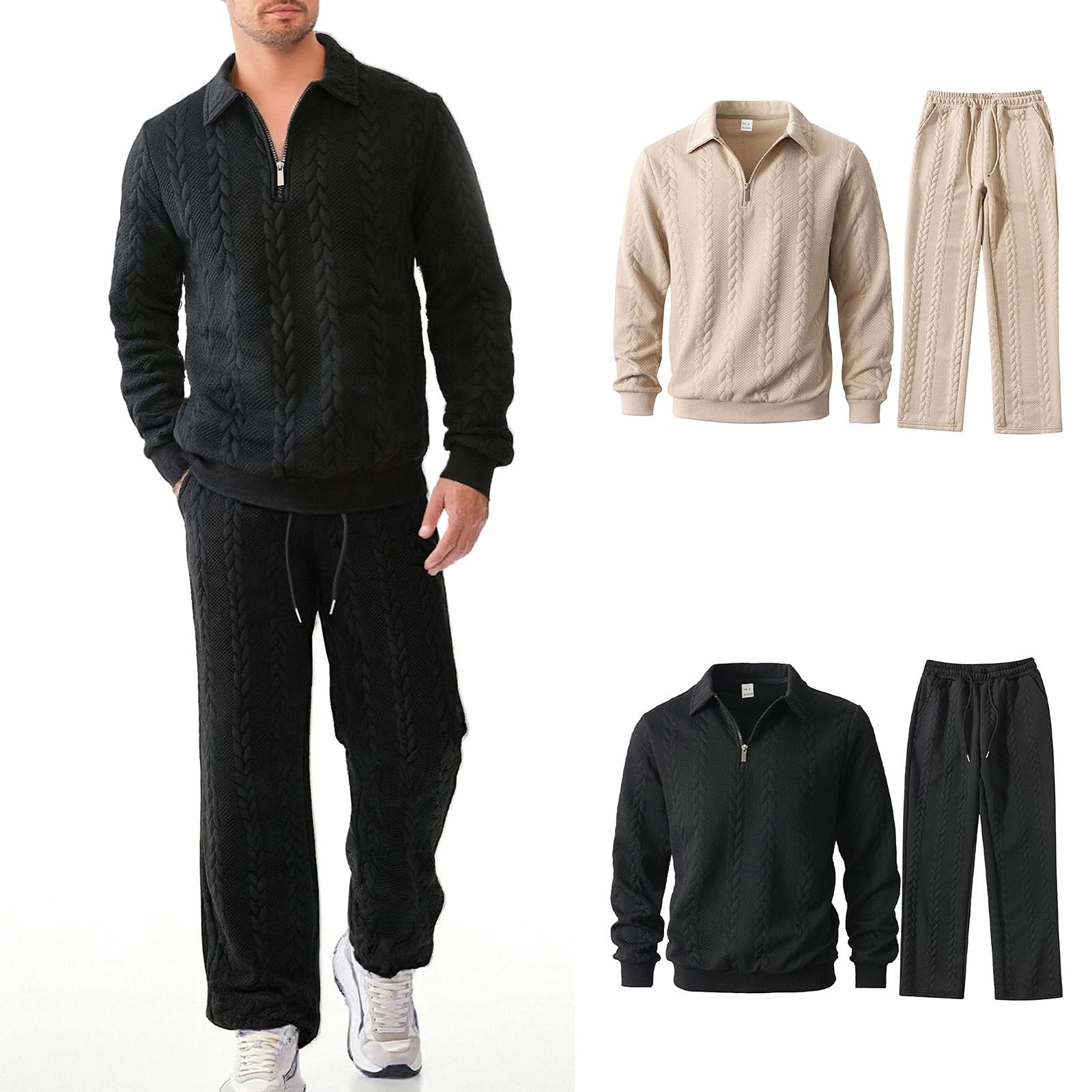 Generisch Tuta da uomo per il tempo libero, 2 pezzi, in jacquard, a maniche lunghe, per il tempo libero, comoda e traspirante, per tutti i giorni, viaggi, attività all'aperto