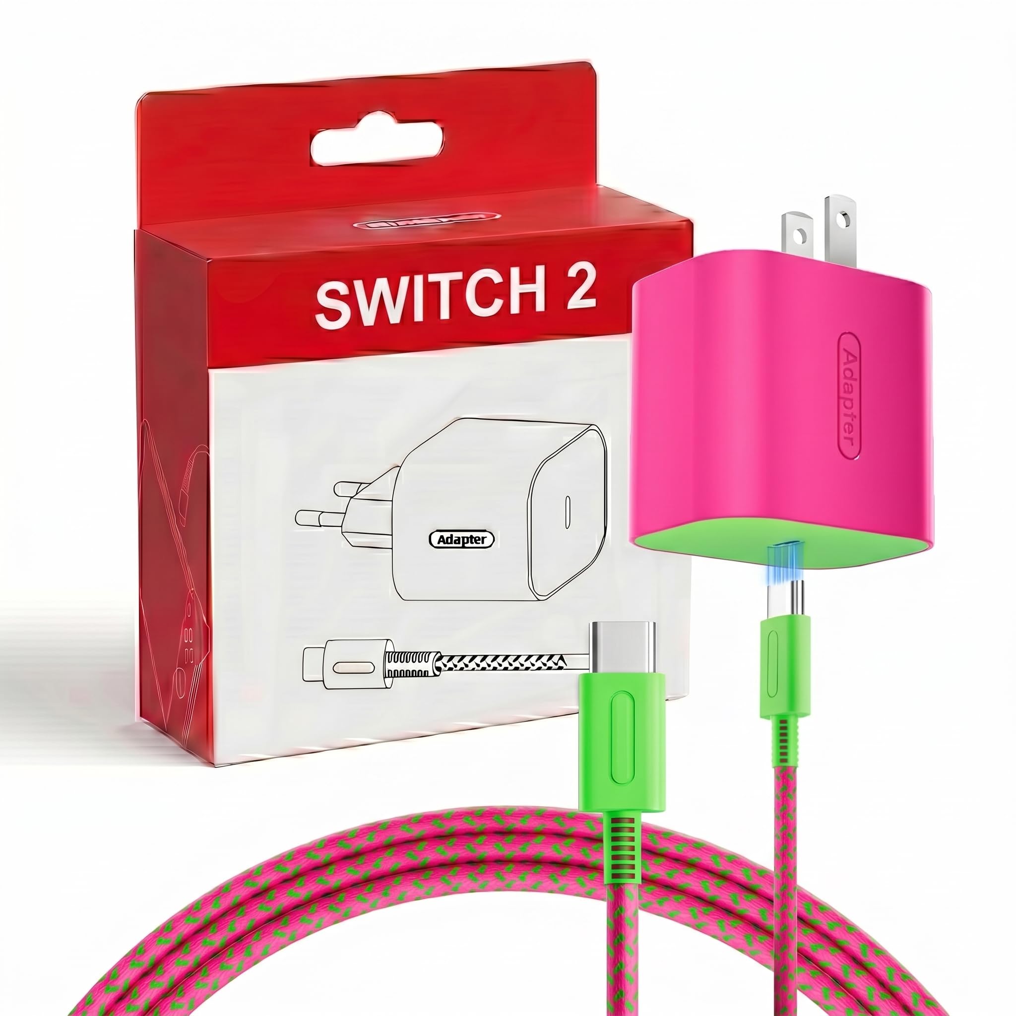 TPC 60W Charger for Nintendo Switch 2, 20V 3A AC Adapter Fast Charging with 6.6FT Braided USB-C Cord, Compatible with Switch 1, Lite, OLED, Steam Deck, Support 4K TV Mode (Magenta &amp; Green)