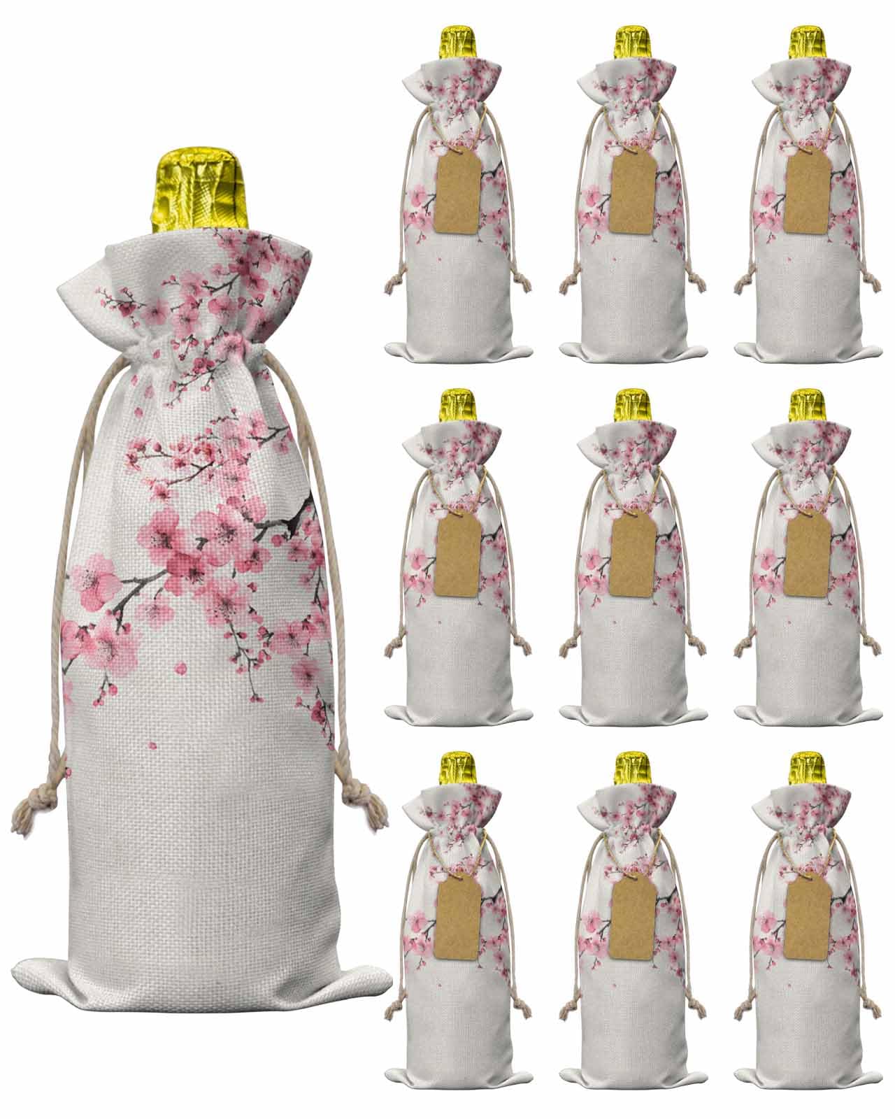 10 Pack Wine Bottle Bags, Cherry Blossoms Wine Bottle Cover with Drawstring, Gift Bag for Champagne, Wedding, Birthday, Christmas, Thanksgiving, Party