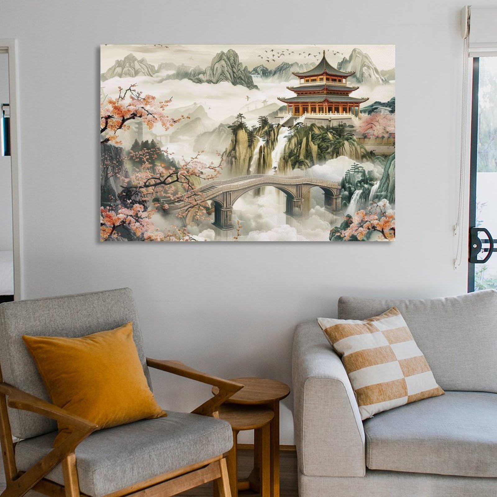Amazon.co.jp: 絵画 中国風の山岳パビリオンの美しい風景 アートパネル 