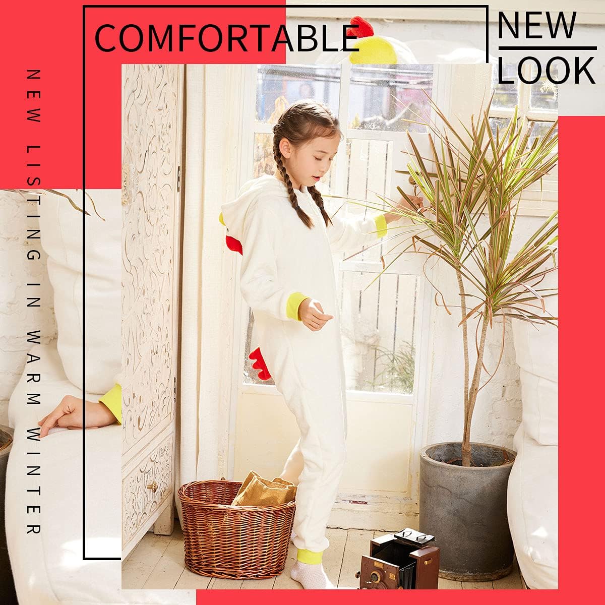 COSUSKET Kids Snug Fit Flannel Brown Bear Costume Animal Onesie Pajamas for Boys Girls Gifts 7-8 Years White Chicken image 3 of 8 B08TM3141K