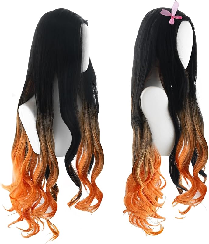 GADKUT Nezuko Kamado Cosplay Paróka - Fekete Narancssárga Ombre Hullám Jelmez