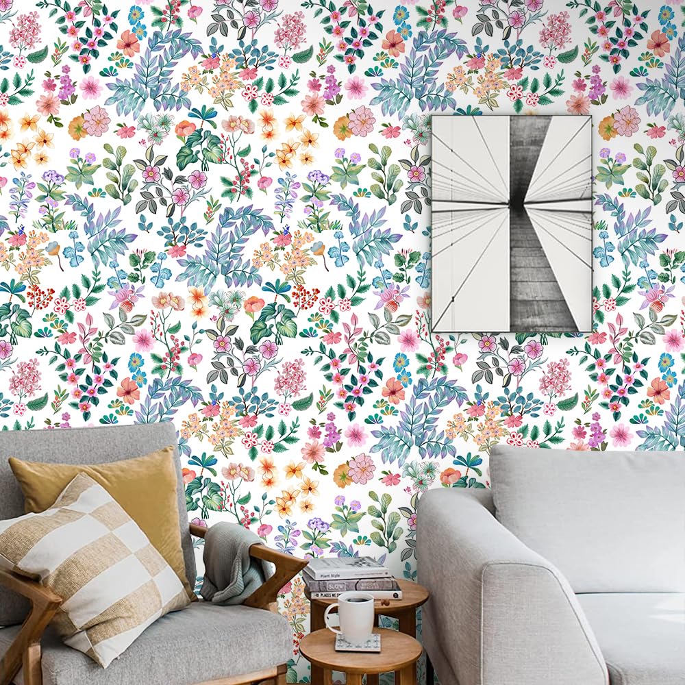 17.5"x118" 3D Colorful Flowers Wallpaper Boho Wild Flower Green Leaves Wallpaper Self Adhesive Watercolor Blossom Floral Vine Leaf Contact Paper