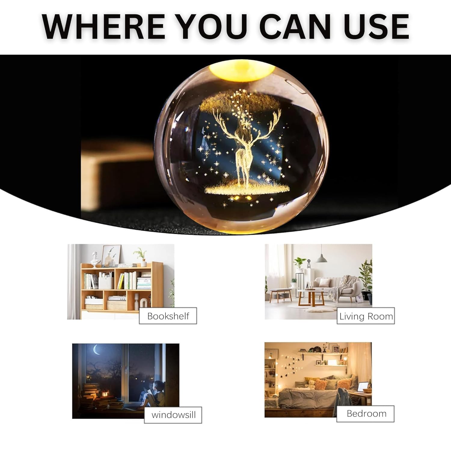 KEXES 3D Moon Crystal Ball Night Lamp,Creative Engraved Crystal Ball Night Light, USB Table LED with Wooden Base Crystal Ball for Home Office Decoration Birthday Gift Adults (3D Deere) 3