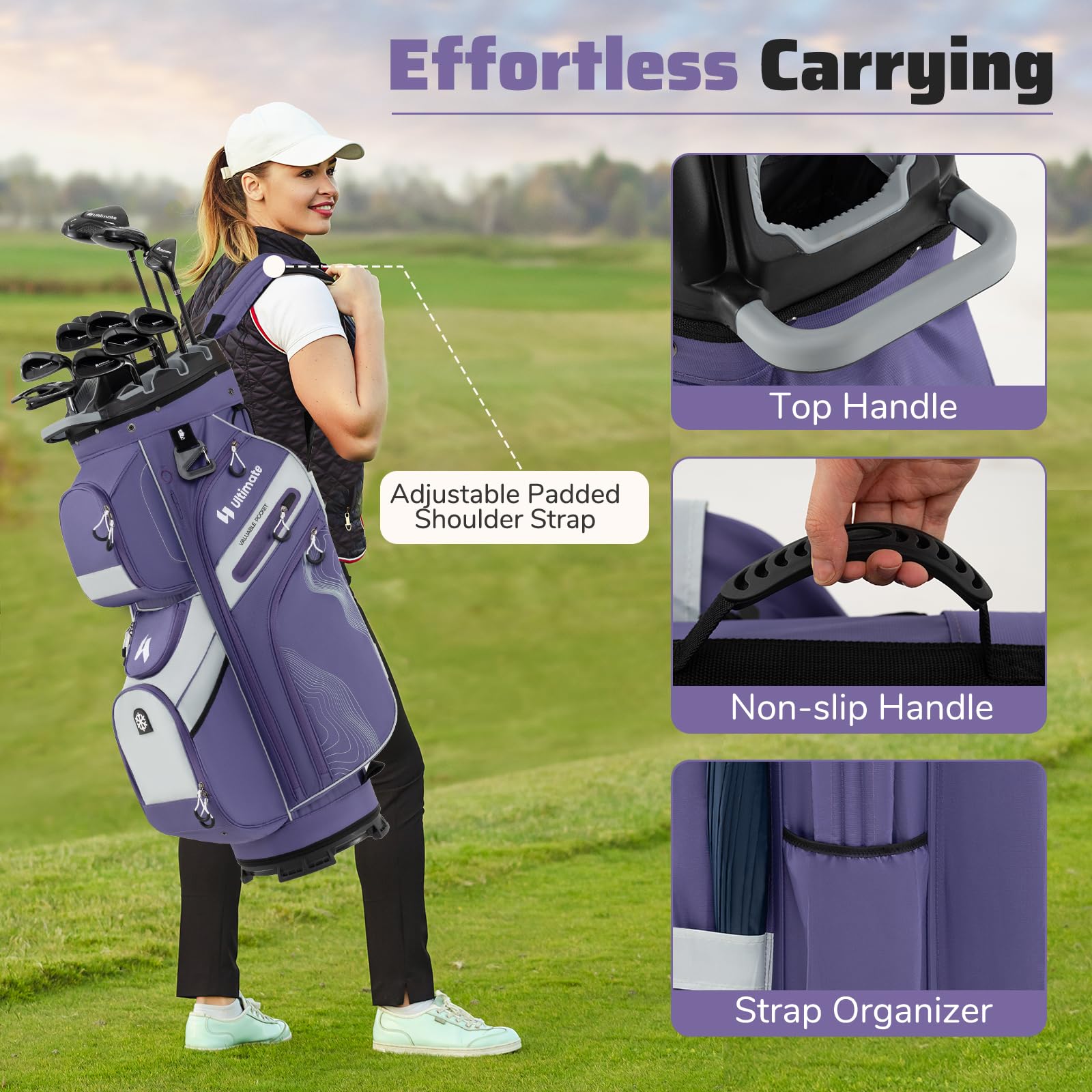 LIFEZEAL Golftasche, Golf Cart Bag mit 14 Trennwänden, Golfschlägertasche mit 11 Taschen, Tragbarer Golfbag mit Gurt, Griffe, Regenschirm-Halterung