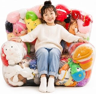 【強化ファスナー採用】Familio ぬいぐるみ収納ソファ 日本企業 正規品 透明 PVC 大容量 子供用 2in1 ファスナー付き おもちゃ収納 椅子 チェア クッション 防水 おしゃれ 子供部屋 リビング 日本語説明書付き 60日保証 (L)