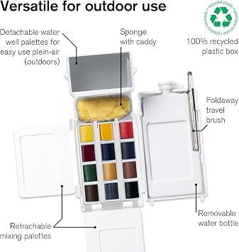 Winsor & Newton Professional Watercolor Paint Set, Compact Set, 12 Half Pan and Accessories